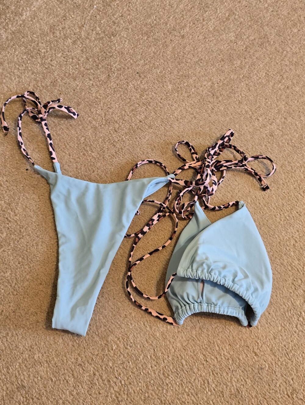 Light Blue Bikini Set with Leopard Tie Straps